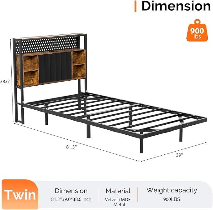 VINGLI Floating Bed Frame Twin Bed with Charging Station and LED Lights,Twin Metal Bed Frame,Cozy Hidden Storage Velvet Upholstered Headboard,No Box Spring Needed,Easy Assembly,Black
