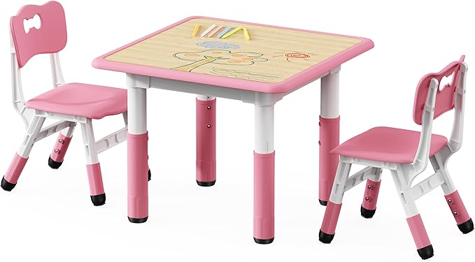 Brelley Kids Table and 2 Chairs Set, Height Adjustable Toddler Desk and Chair Set, Graffiti Desktop, Classroom/Daycare/Home, Children Multi-Activity Table for Ages 2-8