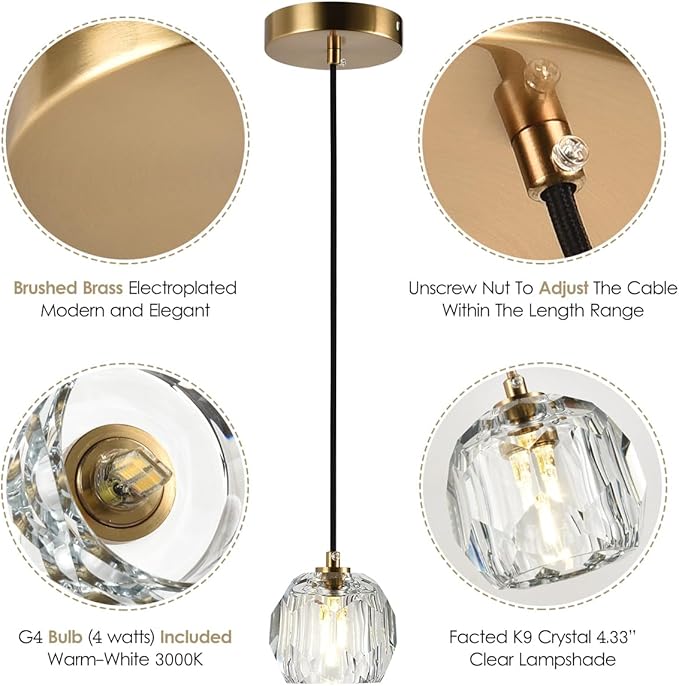 Modern Pendant Light, Brushed Brass Pendant Light Fixture for Kitchen Island, Small Cut Crystal Single Pendant Lighting for Dining Room Bathroom