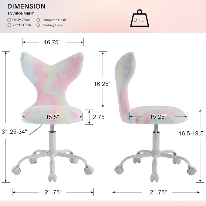 Fuzzy Desk Chair, Cute Swivel Children Desk Chair with Wheels for Kids Bedroom Upholstered Rolling Study Chair Adjustable Computer Chair Mermaid Back Vanity Chair for Teen Girls Boys, Pink Colorful