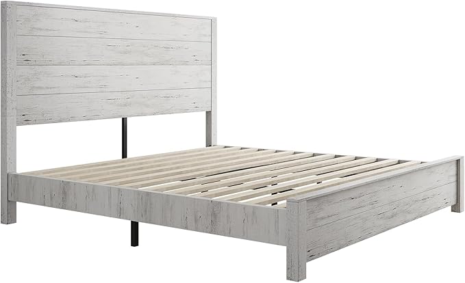AMERLIFE King Size 51.2" Wood Bed Frame, Rustic Platform Bed with Spliced Headboard, Wood Slats Support/No Box Spring Needed/Noiseless/Antique White