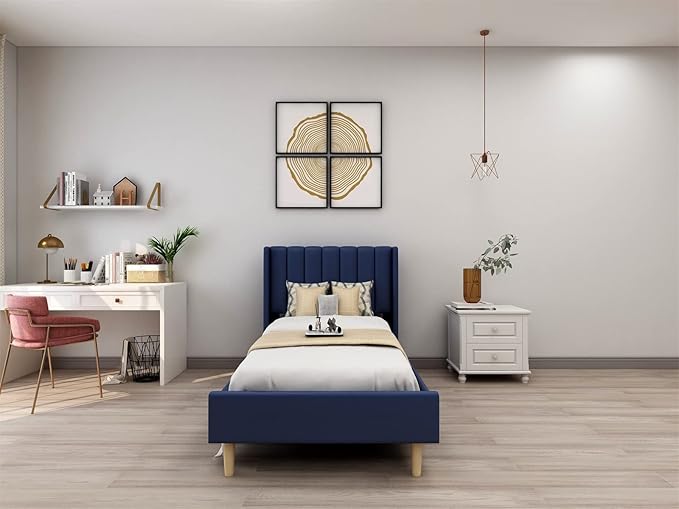 Low Profile Upholstered Platform Bed,Twin Beds with Dark-Blue(Linen)