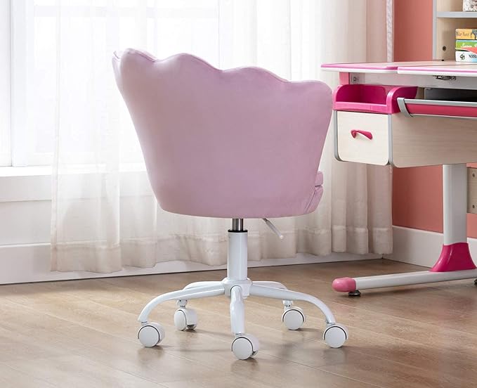DM Kids Desk Chair Ergonomic Reading Study Adjustable Computer Chair for Students Cute Modern Upholstered Velvet Swivel Rolling Arm Chair with Seashell Back for Girls Bedroom, Purple