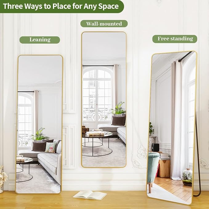 BEAUTYPEAK 59"x16" Mirror Full Length, Standing or Leaning Rounded Corner Full Body Floor Mirror with Metal Framed,Suitable for Living Room or Bathroom,Gold