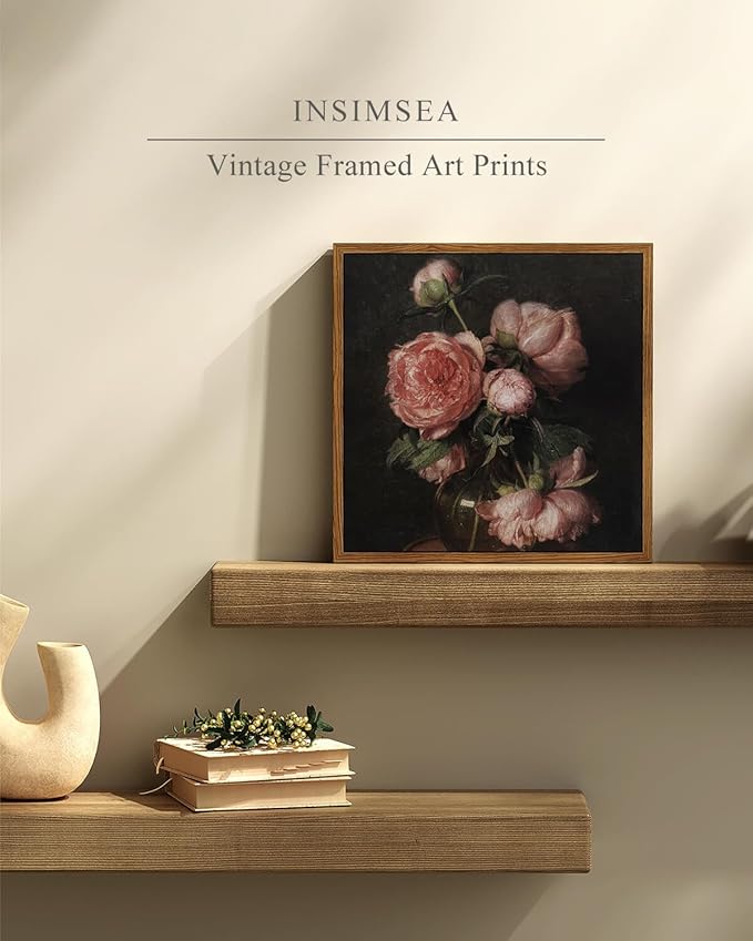 InSimSea Square Framed Canvas Wall Art, Flower Farmhouse Prints Vintage Floral Wall Art Peony Paintings Wall Prints, for Living Room Office Decor, Kitchen Bathroom Home Wall Decor 10"x10"
