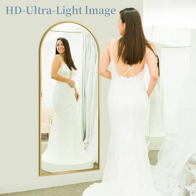 Full Length Mirror with Stand, 64"x21" Arched Full Body Mirror, Large Stand Up Aluminum Frame Floor Freestanding Hanging Leaning Mounted for Bedroom Living Room Entryway Gold