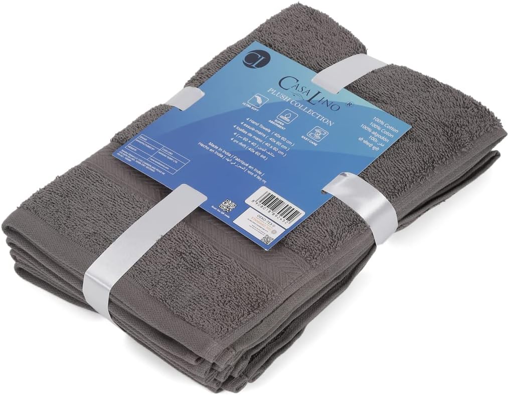 Casa Lino 4 Pack Hand Towels for Bathroom, 18"x28", 100% Cotton, Ultra Soft & Highly Absorbent, Premium Luxury Towels for Gym, Shower, Hotel, New Apartment Essentials, Charcoal