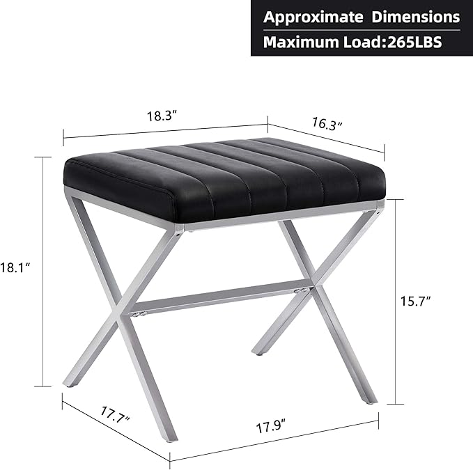 DUHOME Modern PU Leather Vanity Stool - Rectangle Makeup Stool Padded Vanity Seat Foot Rest for Living Room, Dressing Room, Black
