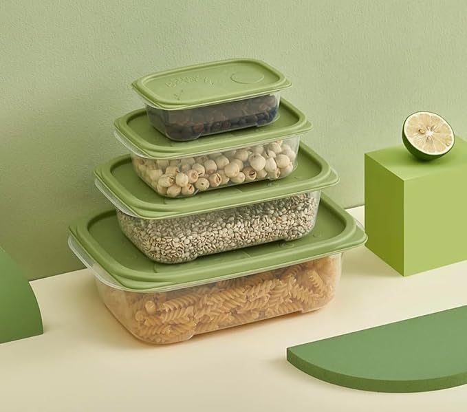 Plastic Food Storage Container Set, 4 Containers with Lids, Assorted Colors (RECTANGULAR GREEN) The set includes containers of various sizes - 260 ml, 550 ml, 1100 ml, and 2000 ml -
