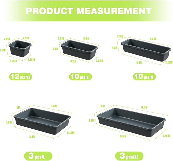 BYCY 38PCS Interlocking Desk Drawer Organizer Tray Divider Set, Plastic Black Desk Organizer Separator, Office Drawer Dividers Storage Bins for Office Bathroom Kitchen (38pcs 5Size)