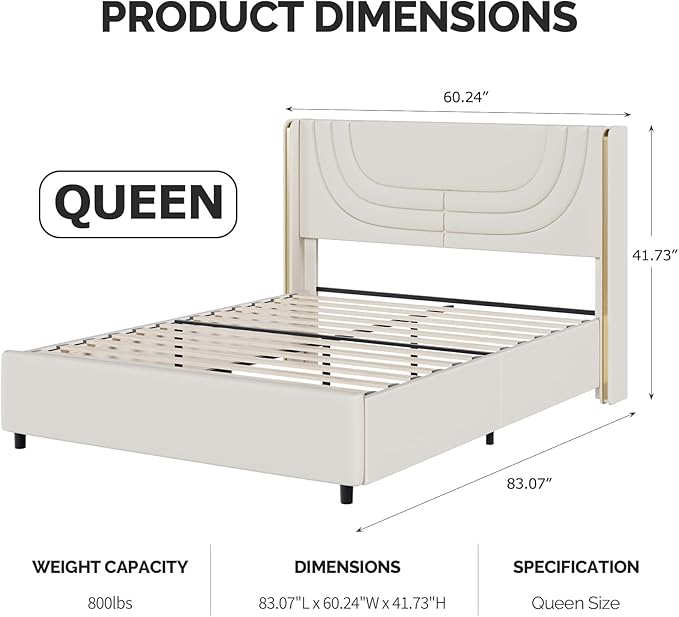 Queen Bed Frame with LED Lights, Faux Leather Upholstered Platform with Silver Wingback Headboard, Modern Style, No Box Spring Needed, Easy Assembly, Cream