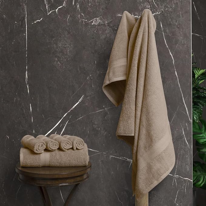 Avalon Towels Luxury 8 Piece Towels Set, 2 Bath Towels, 2 Hand Towels and 4 Washcloths, 600 GSM 100% Ring Spun Cotton Highly Absorbent Bathroom Towel Set, Ideal for Hotel, Spa and Gym (Beige)