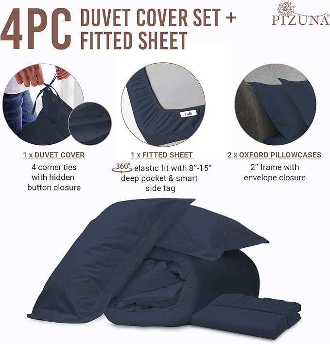 Pizuna 100% Cotton Queen 3 Pc Duvet Cover + 1 Pc Fitted Sheet Set 400 Thread Count Dark Blue Sateen Weave Luxurious Long Staple Cotton 4 Piece Bedding Set -1 Duvet Cover,2 Pillow Shams,1 Fitted Sheet