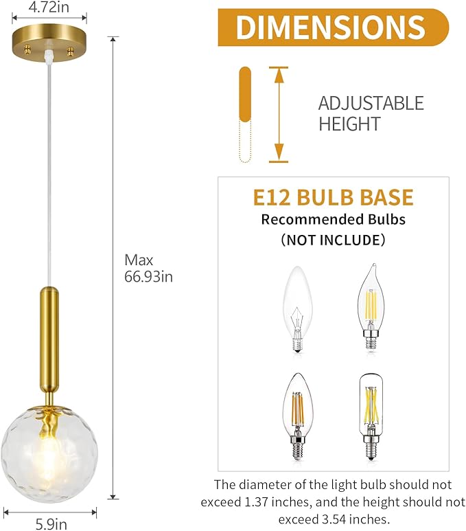 Modern Gold Pendant Light Hanging Fixture Light for Kitchen Island Mid Century with Globe Pendant Light Clear Glass Pendant Lighting for Living Room Bedroom Entryway (1 Pack)