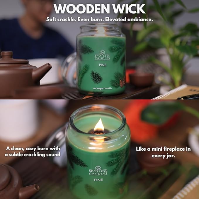 Pine Candle - Large 22oz Glass Jar with Wooden Wick 130 Hours Burn Time - Decorated Jar Within a Presentation Gift Box and Protective Shipping Box