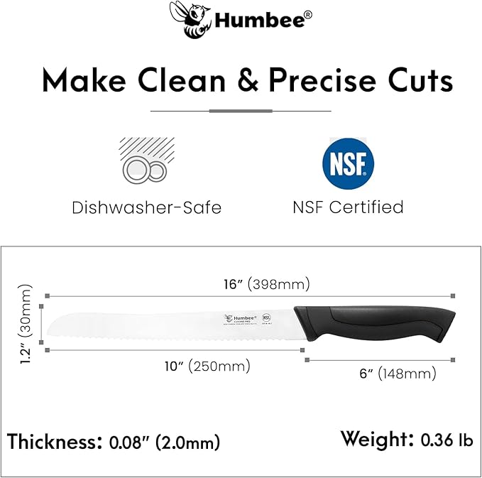 10-Inch Serrated Bread Knife, Premium High Carbon Stainless Steel Blade Knife for Bread with Ergonomic Handle, NSF Certified, DT-30 Series, Black