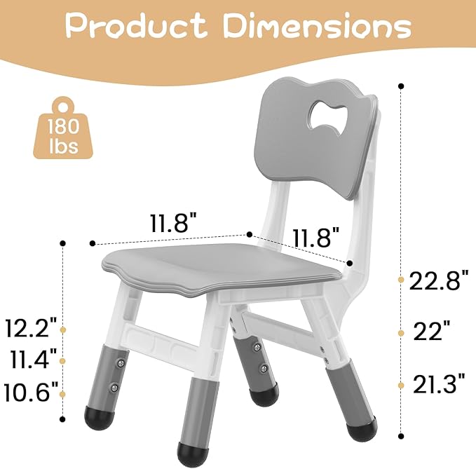 Kids Chair, 3 Level Height Adjustable Kid Chair, Plastic Toddler Chairs for Children Boys Girls Age 2-6, Suitable for Home Family Classroom Nursery Indoor Use (2 Pack, Grey)