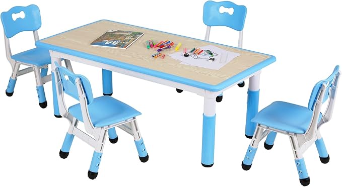 Arlopu Kids Table and 4 Chair Set, Height Adjustable Toddler Table and Chair Set, Non-Slip Legs, Graffiti Desktop, Large Children Activity Table, Reading Daycare Classroom Home (Blue)