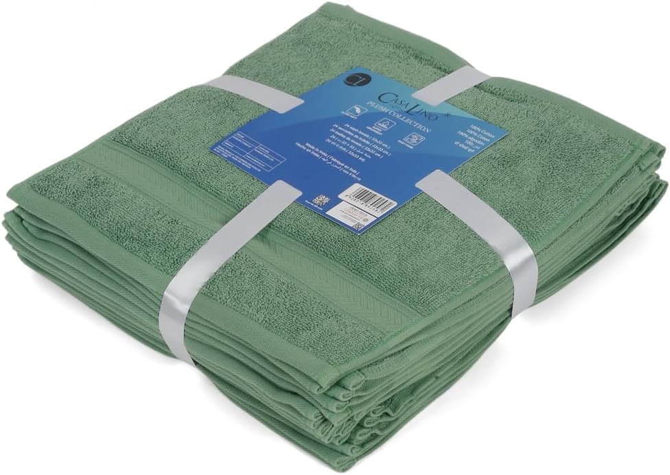 Casa Lino Face Towels & Body Wash Cloths for Showering - 100% Cotton Wash Cloths for Bathroom - Highly Absorbent & Quick Drying Washcloth Set - Cotton Washcloths 24 Pack (12" x 12") - (Green)
