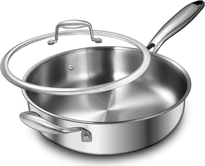 EWFEN 12 Inch Tri-Ply Stainless Steel Frying Pan, 5-Quart Deep Saute Pan with lids, PFOA&PTFE Free Skillet, Induction Cooking Pan, Dishwasher&Oven Safe,Works on All Cooktops