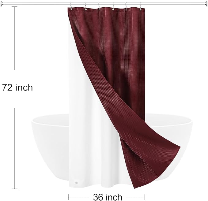 3 in 1 Stall Half Size Burgundy Shower Curtain Set-36 W x 72 H, Modern Waffle Waterproof Fabric and PEVA Liner Set with Stainless Steel Hooks