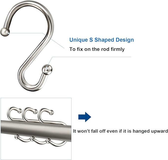 Shower Curtain Hooks Rings, Zinc Alloy S Shaped Shower Hooks Rust Proof, Shower Curtain Hangers for Shower Curtain, Kitchen, Wardrobe & Garden, Brushed Nickel, Set of 12