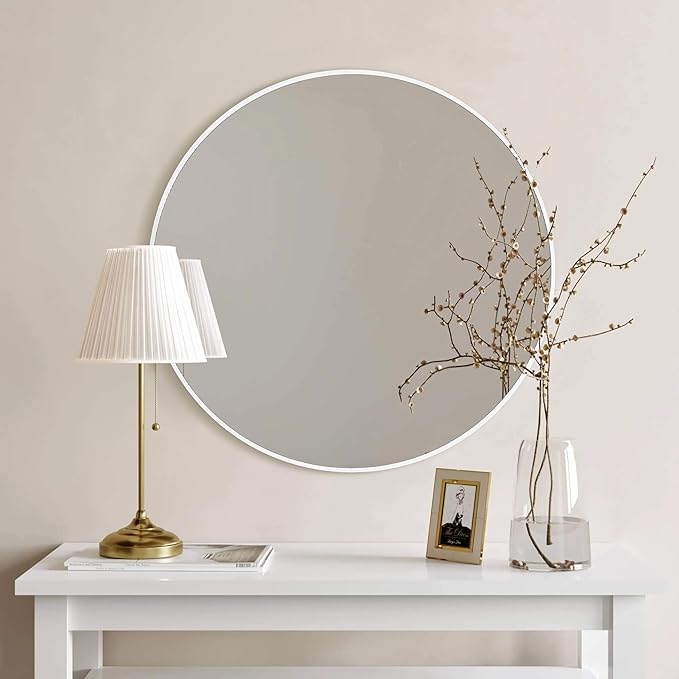 White Round Mirror 30 Inch,Circle Bathroom Vanity Mirror for Wall,Hanging Modern Tempered Glass Mirror for Entryway or Living Room