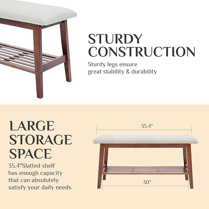 Entryway Shoe Bench, 35.4" Bamboo Bench for Bedroom End of Bed, 2-Tier Shoe Rack with Cushion Padded Seat, Shoe Organizer Stable for Entry Hallway Living Room Bedroom, 35.4"W x11.2"D x 17.7"H