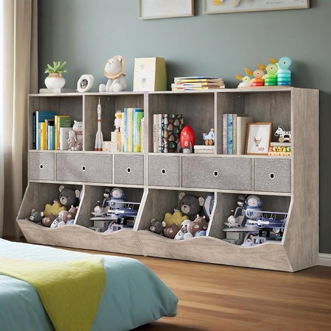 7-Cubby Large Kids Toy Storage Organizer, Children Wood Bookcase and Bookshelf, 3-Tier Toy Storage Cabinet with 3 Drawers for Hallway, Playroom, Living Room, School,Gray