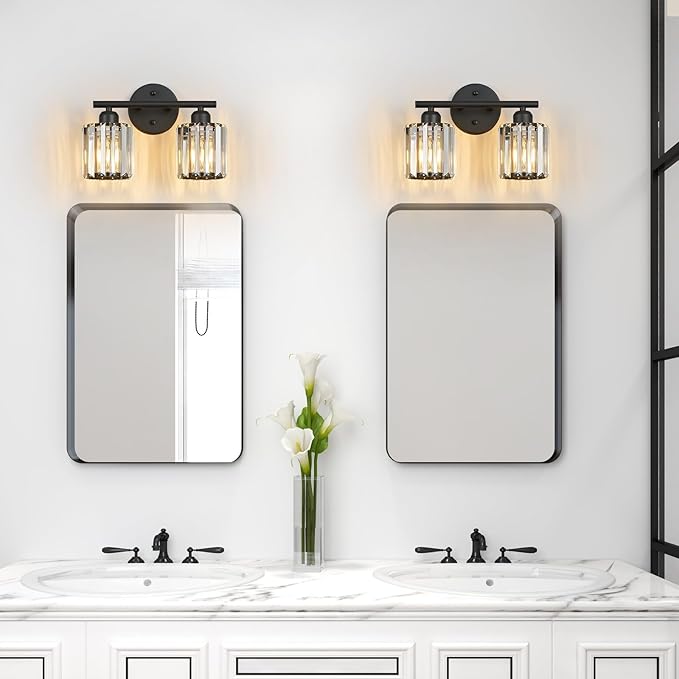 Modern 2 Light Crystal Vanity Light, Black Vertical Bathroom Light Fixture Over Mirror for Dressing Table Sink, Compatible with Dimmable Bulbs (Bulbs Not Included)