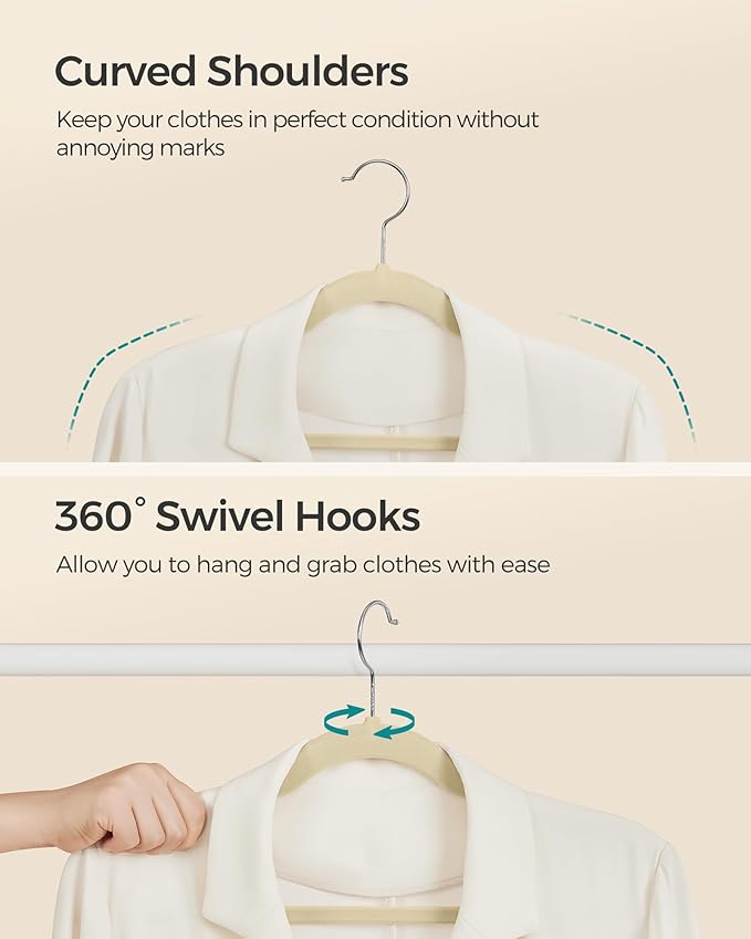 SONGMICS Velvet Hangers 50 Pack, Non-Slip Clothes Hangers, Suit Hangers with Shoulder Notches, Pants Bar, 360° Swivel Hook, Space-Saving, for Closet, Surmmer Sand UCRF029K05