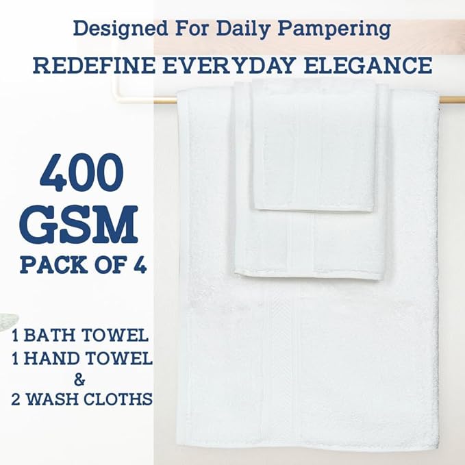 Casa Lino 100% Cotton Bath Towels Set of 4 (1 Bath Towel, 1 Hand Towel & 2 Wash Cloths) - Bathroom Towels and Washcloths Set - Complete Bathroom Set - Guest Room Essentials - (White)
