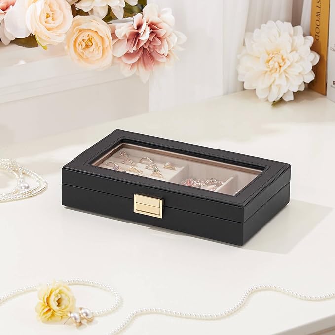 Homde Jewelry Tray Stackable Jewelry Box with Glass Lid, Removable Dividers for Vanity Table Gift Idea for Girls and Women (Black)
