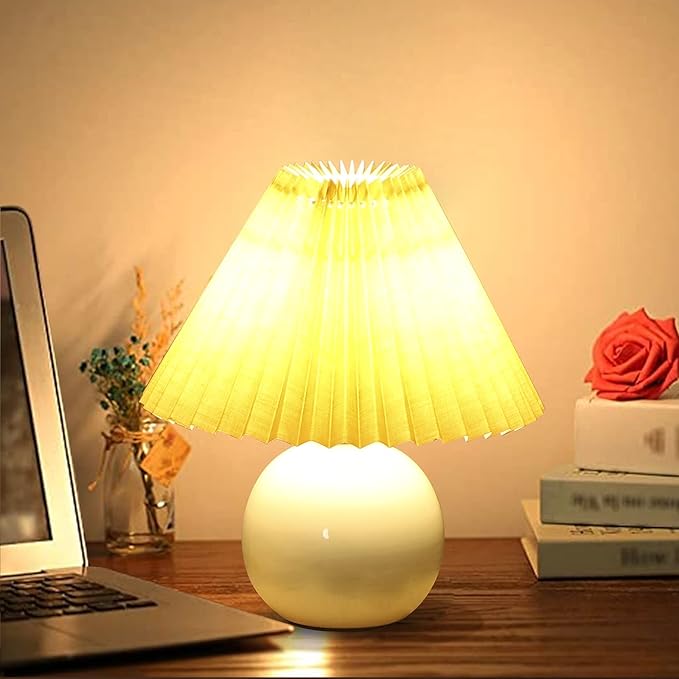 Zenply Korean Pleated Ceramic Table Lamp, Small, Beige, Vintage
