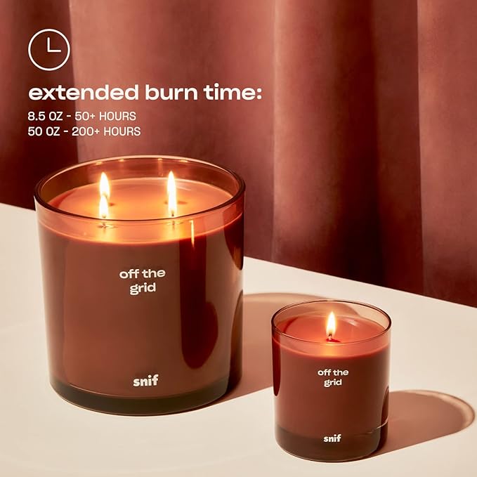 Off The Grid Luxury Scented Candle by Snif, Warm and Calming Scent, 200+ Hours, 100% Cotton Fiber Wicks, Soy Wax Blend, Non-Toxic, Vegan, 50 oz