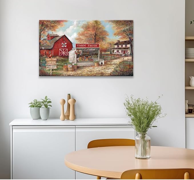 CYULWNNO Farmhouse Canvas Wall Art Farm Stand Landscape Painting Nature Rustic Scenery Canvas Prints Vintage Red House Wall Decor Framed for Living Room Bedroom