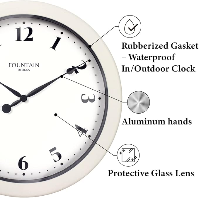 10.4" Small Modern Indoor/Outdoor Wall Clock, Waterproof & Weatherproof Clocks for Bathroom, Porch, Patio and Pool Decor,Snowberry White