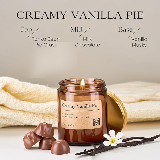 M&SENSE Creamy Vanilla Pie Candles for Home Scented Aromatherapy Candle Gift Set for Women and Men,7.05oz Soy Wax Long Lasting Amber Jar Candles Gift for Birthday Housewarming Mother's Valentine Day