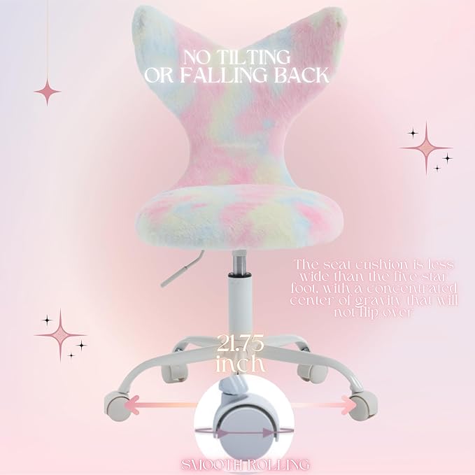 Fuzzy Desk Chair, Cute Swivel Children Desk Chair with Wheels for Kids Bedroom Upholstered Rolling Study Chair Adjustable Computer Chair Mermaid Back Vanity Chair for Teen Girls Boys, Pink Colorful