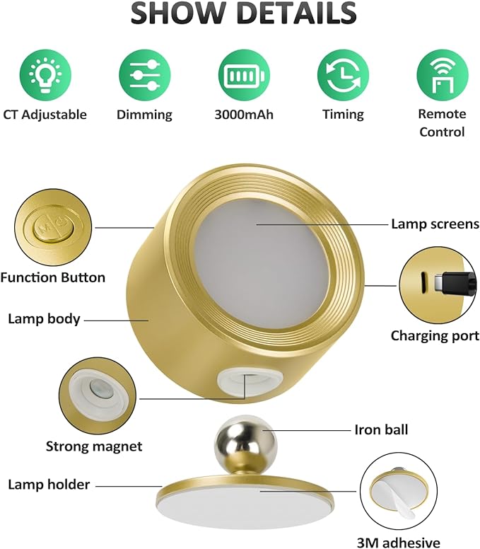 Lightbiz LED Wall Lights 2 Pcs with Remote, Wall Sconces Lamp Rechargeable Battery Operated, 3 Color Temperatures & Dimmable Magnetic 360° Rotation Cordless for Bedroom Bedside