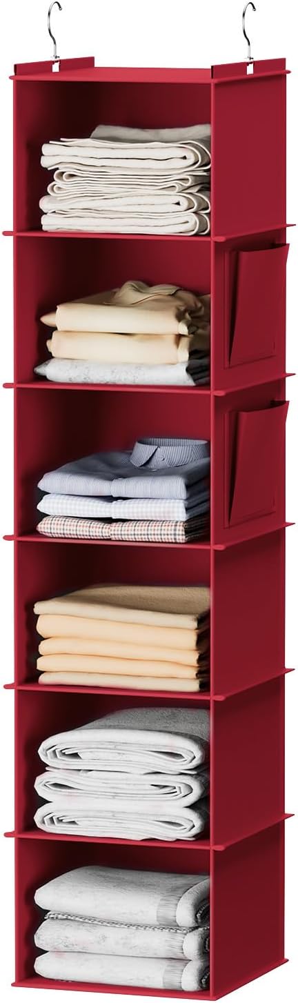 YOUDENOVA Hanging Closet Organizer and Storage, 6-Shelf Closet Hanging Storage Shelves, Dark Red