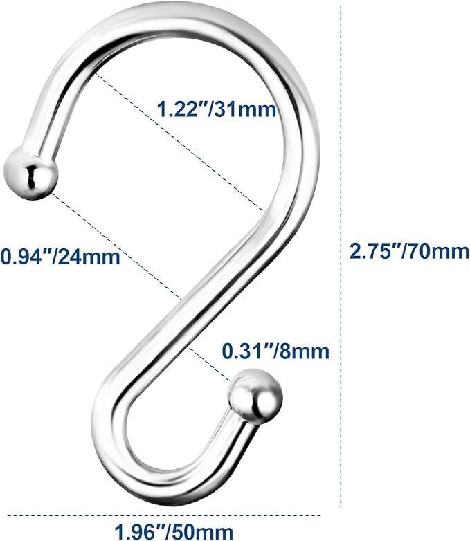 Shower Curtain Hooks Rings, Stainless Steel S Shaped Shower Hooks Rust Proof, Metal Shower Curtain Hangers for Shower Curtains, Kitchen, Wardrobe & Garden, Chrome, Set of 12