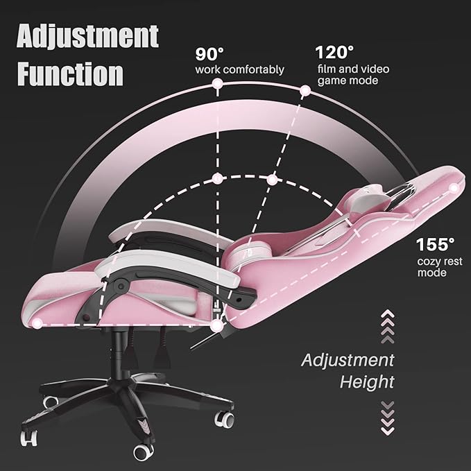 Pink Gaming Chair High Back, Ergonomic Computer Gamer Chair with Headrest and Lumbar Support, Racing Style Reclining Game Chair for Adults, Kids