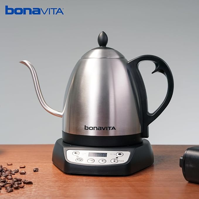 Bonavita 1L Digital Variable Temperature Gooseneck Electric Kettle for Coffee Brew and Tea Precise Pour Control, 6 Preset Temps, Café or Home Use, 1200 Watt, LED Panel, Stainless Steel