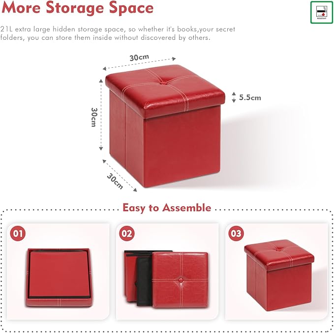 B FSOBEIIALEO Folding Storage Ottoman, Faux Leather Footrest Seat Coffee Table Toy Chest for Kids, Red 11.8"x11.8"x11.8"