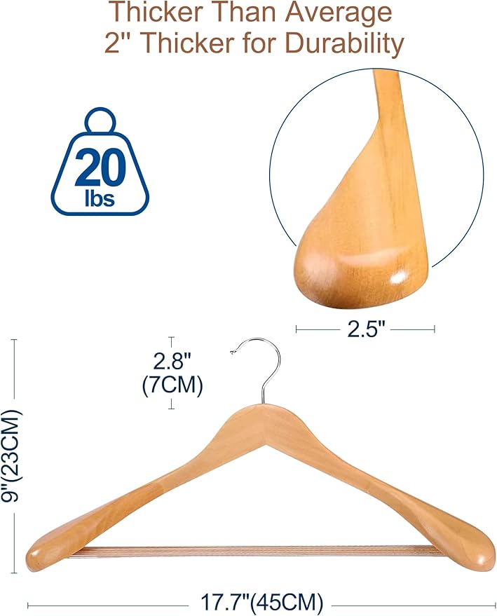 HOUSE DAY Wide Shoulder Wooden Hangers, Suit Hangers with Non Slip Pants Bar, Smooth Finish 360° Swivel Hook High-Grade Solid Wood Coat Hangers for Dress, Jacket, Heavy Clothes Hanger 6 Pack (Natural)