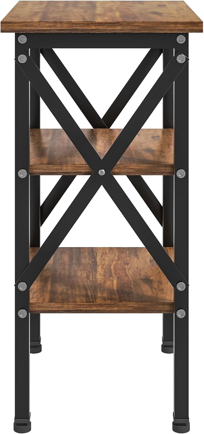 VECELO End Table Set of 2, Bedside Table, 24" Tall Living Room End Tables, X-Design Reinforced Nightstands, Side Table with 3-Tier Storage Shelves for Small Spaces, Office, Bedroom, Rustic Brown