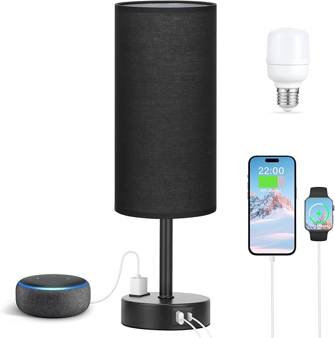 Black Bedroom Lamp for Nightstand - 3 Way Dimmable Bedside Lamp USB C A Charging Ports and AC Outlet, Small Table Lamp Black Base for Living Room, Office Desk, LED Bulb Included