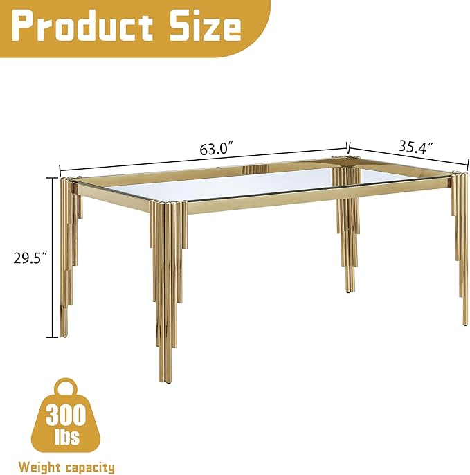 63" Rectangle Glass Dining Table, Modern Tempered Glass Kitchen Table with Stainless Steel Legs for Home Office Kitchen, Living Room, Stylish Tubular-Shaped Legs, Gold+Clear
