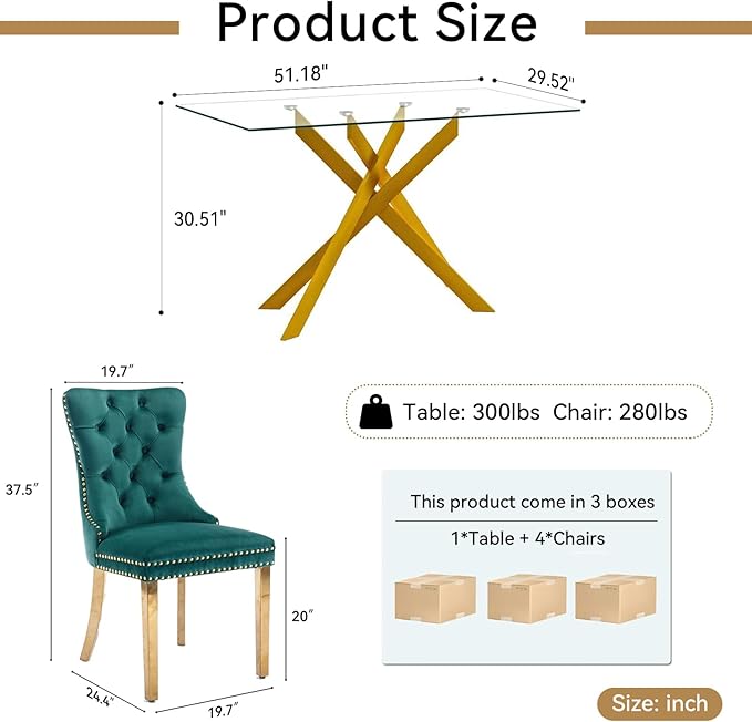 Goujxcy Glass Dining Table Set for 4, Modern Kitchen Table and Chairs Set of 4, 5-Piece Kitchen Dining Room Table Set w/51 Glass Gold Dining Table and 4 Green Velvet Upholstered Chairs